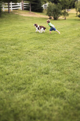 Junge spielt mit Hund auf einer Wiese im Park - CAVF29181