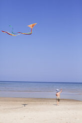Junge lässt am Strand einen Drachen steigen - FOLF01481