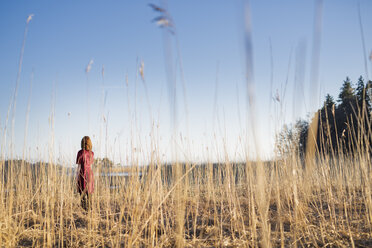 Junge Frau auf einem Feld im Sonnenlicht - FOLF01641