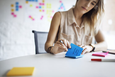 Midsection of businesswoman using adhesive notes at table in office - CAVF29508