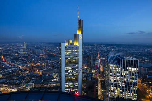 Germany, Hesse, Frankfurt, Financial district, Commerzbank Tower at blue hour - WIF03488