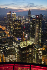 Germany, Hesse, Frankfurt, View from Maintower, Financial district in the evening - WIF03489