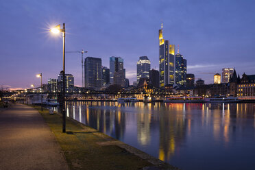 Germany, Hesse, Frankfurt, Skyline, Financial district, Main river at blue hour - WIF03491