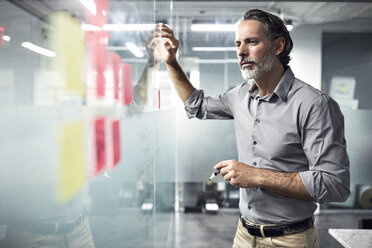 Businessman looking at adhesive notes on window in office - CAVF29666