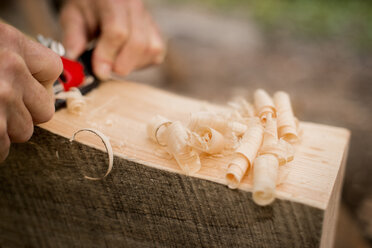 Abgeschnittene Hände einer Person, die Holz rasiert - CAVF29858