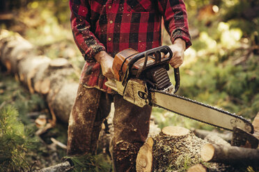 Mittelteil eines männlichen Holzfällers, der einen Baumstamm im Wald schneidet - CAVF29869