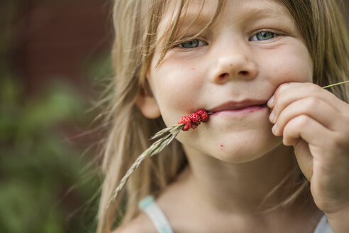 Porträt eines Mädchens mit Walderdbeeren am Ährchen im Mund - FOLF02226