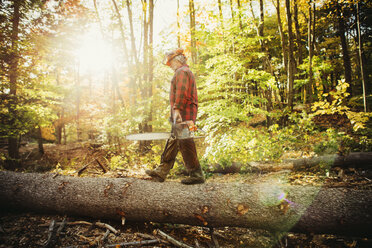 Side view of lumberjack walking on log in forest - CAVF29951