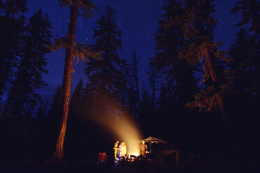 Menschen stehen nachts am Lagerfeuer auf einem Campingplatz im Wald - CAVF30143