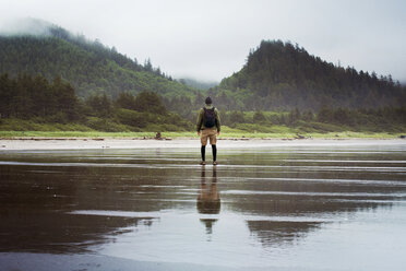 Rear view of man standing on wet beach - CAVF30265