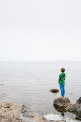 Rückansicht eines Jungen mit Blick auf das Meer - FOLF02359