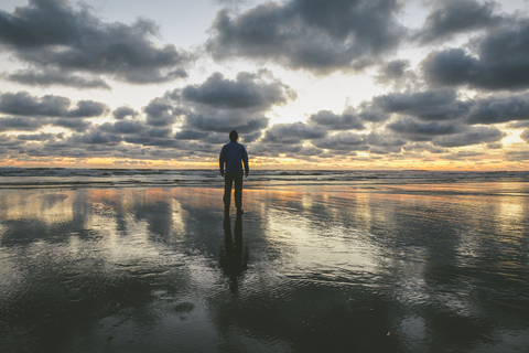 Rückansicht eines Wanderers am Long Beach gegen den bewölkten Himmel bei Sonnenuntergang, lizenzfreies Stockfoto