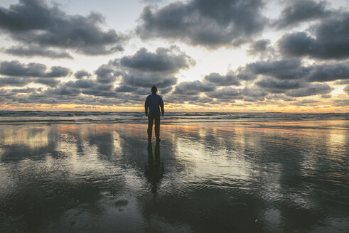 Rückansicht eines Wanderers am Long Beach gegen den bewölkten Himmel bei Sonnenuntergang - CAVF30404