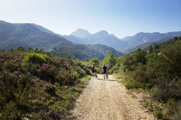 Rear view of male friends riding bicycles on road against mountains - CAVF30462