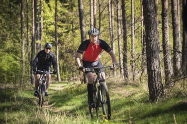 Ältere Männer fahren auf Mountainbikes durch den Wald - FOLF03340