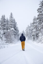 Mann geht im Winter auf einer Straße im Wald spazieren - FOLF03600