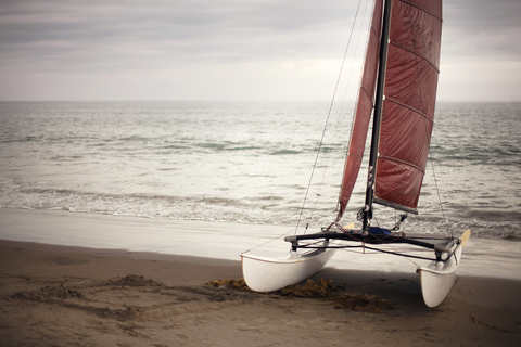 Windsurfbrett am Meer am Strand gegen bewölkten Himmel, lizenzfreies Stockfoto