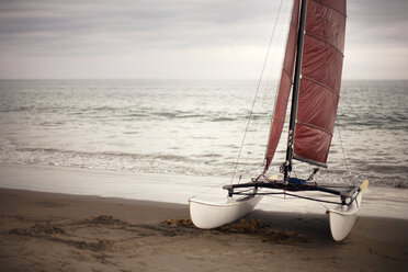 Windsurfbrett am Meer am Strand gegen bewölkten Himmel - CAVF31032