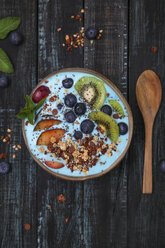 Superfood smoothie bowl with chia seeds, blueberries, nectarine, kiwi and chocolate granola - RTBF01108