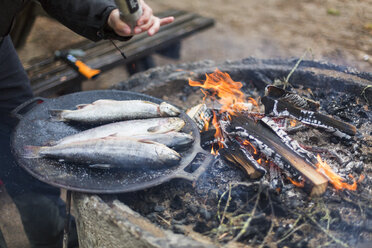 Würzen von Fisch, der auf dem Lagerfeuer gegart werden soll - FOLF04784