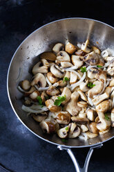 Gebratene Champignons und Königstrompetenpilze mit Zwiebeln und Petersilie in der Pfanne - CSF29004