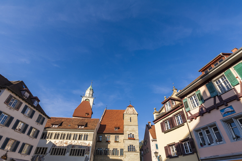 Germany, Baden-Wuerttemberg, Ueberlingen, Hofstatt square with Townhall and St Nicholas' Minster stock photo