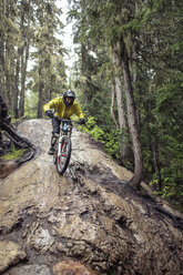 Mann beim Mountainbiking auf umgestürztem Baumstamm im Wald - CAVF31326