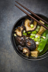 Japanese miso soup with sugar peas, shitake mushrooms, tofu and mung sprouts - LVF06833