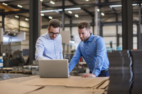 Zwei Geschäftsleute teilen sich einen Laptop in einer Fabrikhalle - DIGF03616