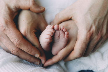 Väterliche und mütterliche Hände halten die Füße des Babys - GEMF01909