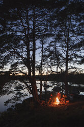 Mid adult men sitting around campfire at dusk - FOLF05851