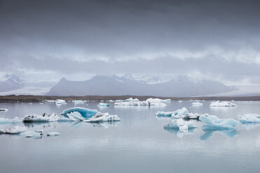 Ice floe on Jokulsarlon lake with snowcapped mountain range on horizon - FOLF05874