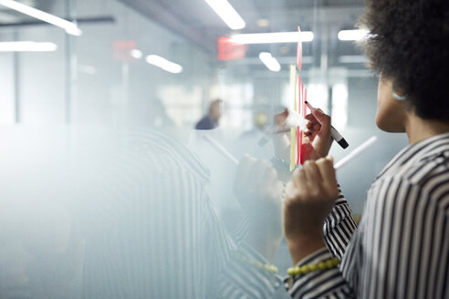 Cropped image of businesswoman writing on adhesive notes at glass wall in office - CAVF32102