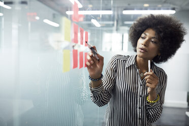 Businesswoman looking at adhesive notes on glass wall in office - CAVF32103