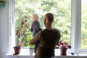 Vater, der zu Hause bleibt, hält seinen kleinen Sohn und schaut durch das Fenster - FOLF05997
