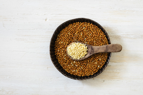 Bowl of brown millet and spoon of Golden millet stock photo