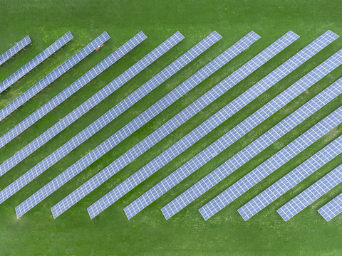 Germany, Bavaria, aerial view of solar panels stock photo