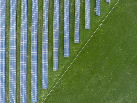 Germany, Bavaria, aerial view of solar panels stock photo