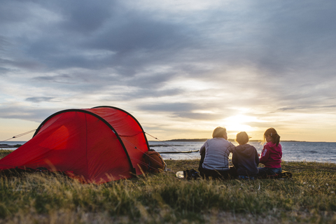 Family camping in Torekov, Sweden stock photo