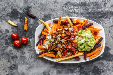 Gemüsepommes mit vegetarischer Bolognese, Guacamole, Joghurt-Dip, Tomaten, Frühlingszwiebeln und Parmesan auf dem Teller - SARF03640