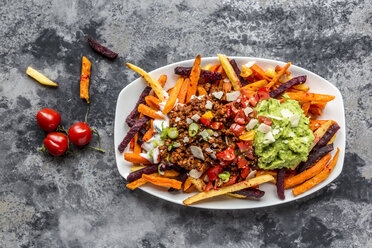 Vegetable fries with vegetarian bolognese, guacamole, yogurt dip, tomatoes, spring onions and parmesan on plate - SARF03640
