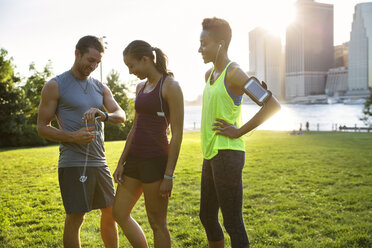 Athletes standing on grassy field against sky - CAVF32953