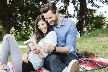 Glückliches Paar, das ein Mobiltelefon benutzt, während es im Park sitzt - CAVF33045