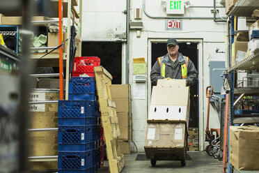 Man carrying box in luggage cart while working at warehouse - CAVF33175