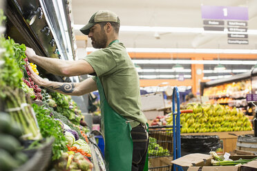 Seitenansicht eines Arbeiters, der Gemüse in einem Supermarkt in die Regale einräumt - CAVF33184