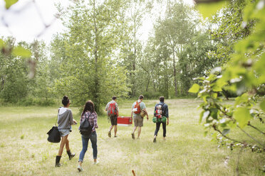 Freunde mit Rucksack gehen in voller Länge auf einem Feld im Wald - CAVF33383