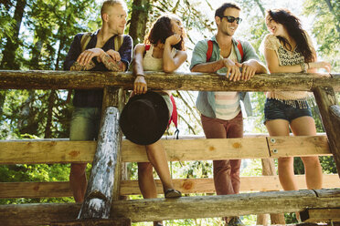 Niedriger Blickwinkel auf glückliche Freunde, die sich auf einem Steg im Wald unterhalten - CAVF33460