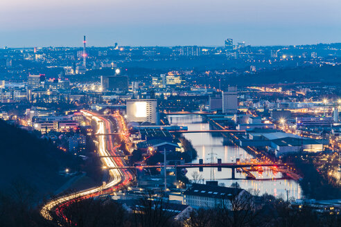 Germany, Baden-Wuerttemberg, Stuttgart, Neckar Valley, Neckar river, port area, industrial area at night - WDF04555