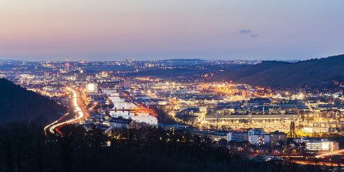 Germany, Baden-Wuerttemberg, Stuttgart, Esslingen-Mettingen, Neckar Valley, Neckar river, port area, industrial area, Mercedes Benz Factory in the evening - WDF04556