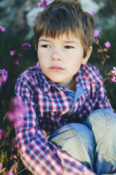 Boy sitting among pink flowers - FOLF06718